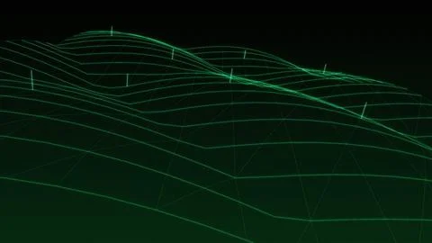 Abstract Glowing Green Digital Wireframe Landscape Showing Advanced Network.. Stock Illustration