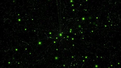Abstract glowing green geometry line connection particles wave moving digit.. Stock Illustration