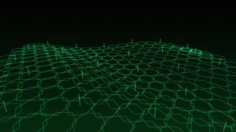 Abstract Glowing Green Hexagonal Grid Structure Floating In A Dark And Empt.. Illustrazione stock