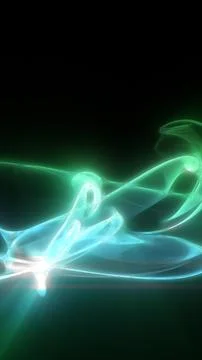 Abstract glowing green light flow forming fluid luminous shapes on dark backg Stock Illustration