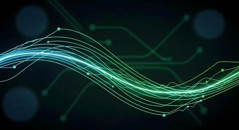 Abstract glowing green lines on dark circuit board background, technology, .. Illustrazione stock