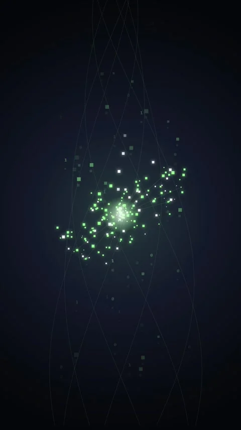 Abstract glowing green particles explosion and swirling lines on dark backg.. Stock Footage 348818747