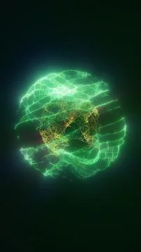 Abstract glowing green sphere with electric patterns, radiating light in a da Stock Illustration