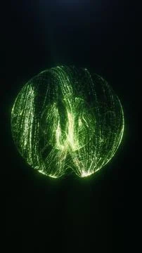 Abstract glowing green sphere formed by luminous particle trails on a black.. Stock Illustration