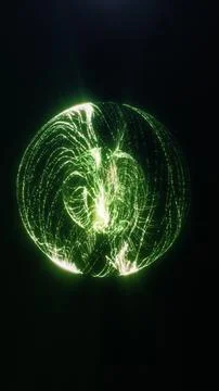 Abstract glowing green sphere formed by luminous particle trails on a black.. 스톡 일러스트