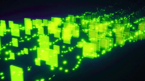 Abstract glowing green squares floating in dark digital background Stock Footage 340355787
