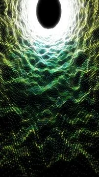 Abstract glowing green vortex with flowing dotted wave patterns forming a lum Illustrazione stock