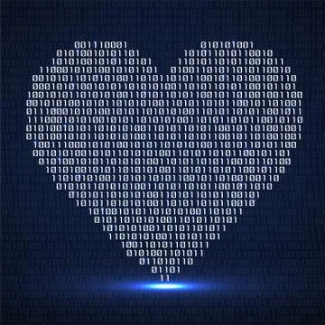 Abstract glowing heart of binary code. Digital love, technology symbol Illustrazione stock