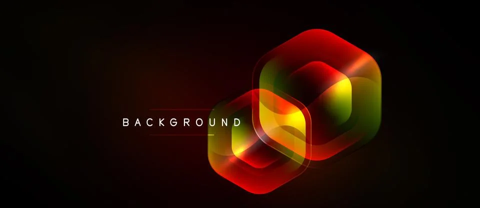 Abstract glowing hexagons overlap, creating vibrant light effects on dark Stockillustratie