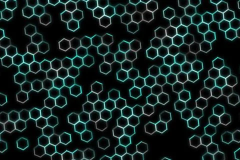 Abstract glowing hexagons pattern on black background Stock Illustration