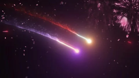 Abstract glowing light streaks moving through dark space with floating pink 스톡 동영상 345333455