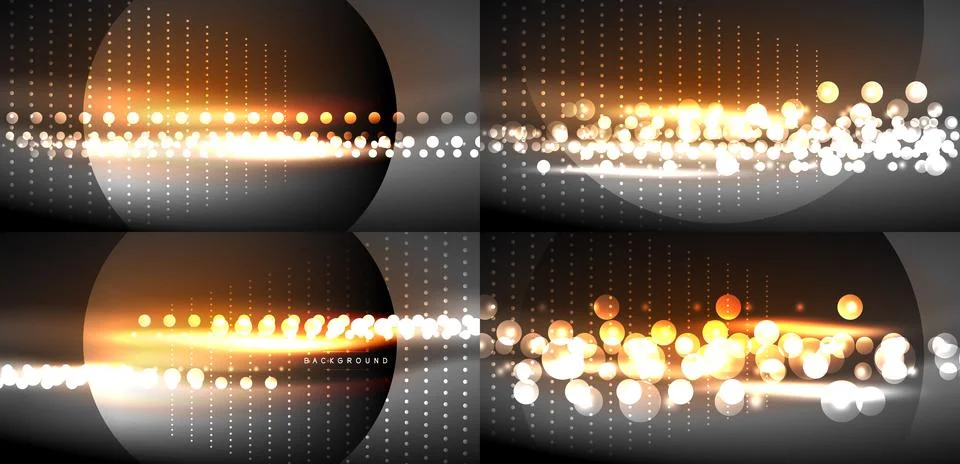Abstract glowing lines, circles, dots create dynamic background. Warm colors Stock Illustration