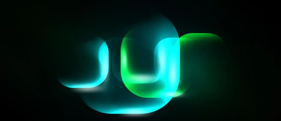 Abstract glowing lines form fluid shapes against dark background. Bright teal Illustrazione stock