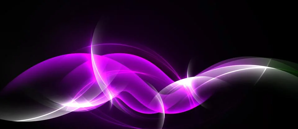 Abstract glowing lines form fluid shapes against dark background. Bright purp Stock Illustration