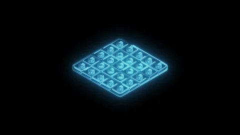 Abstract glowing matrix with checkers and shields on a dark background isometric Stock Footage 330770355