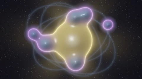 Abstract glowing metaballs orbiting in space, seamless loop Video stock 347121682
