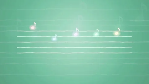 Abstract glowing musical notes floating on a green background with flowing Vidéo 343860079