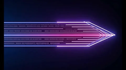 Abstract glowing neon arrow pointing right on dark background Stock Footage 318948406