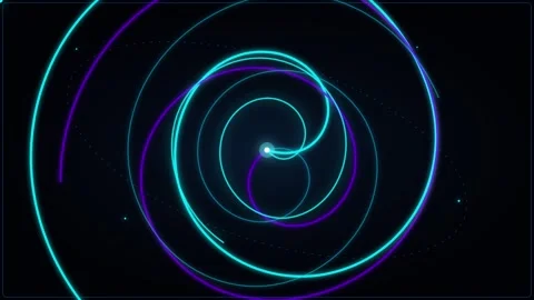 Abstract glowing neon blue and purple spiral light trails rotating in dark Stock Footage 346504164