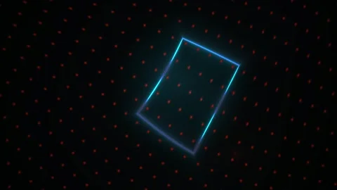 Abstract Glowing Neon Geometric Square Frame Rotating on Dark Digital Grid .. Stock Footage 341790362