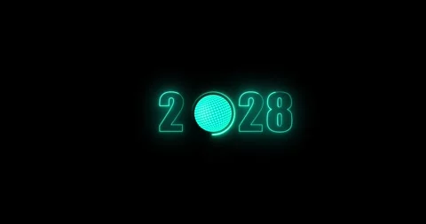 Abstract glowing neon global new year 2028 icon animation with dark background. Vidéo 342734522