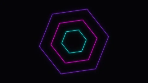 Abstract glowing neon hexagon shape animation on dark background Stock Footage 336805227
