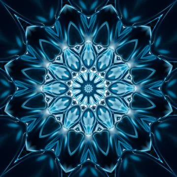 Abstract glowing neon kaleidoscope pattern, 3d rendering. Illustrazione stock