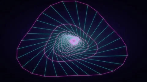 Abstract glowing neon lines form a geometric triangular spiral tunnel Stock Footage 335940867