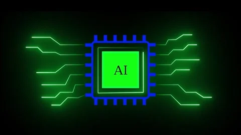 Abstract Glowing neon microchip a.i icon isolated on black background. abst.. Stockbeeldmateriaal 337831682