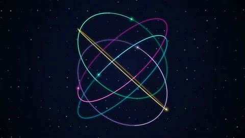 Abstract glowing neon orbital lines rotating in a dark starry space background Stock Footage 344774896