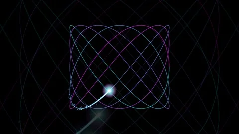 Abstract glowing neon particles moving in a complex geometric spiral pattern on Stock Footage 343445112