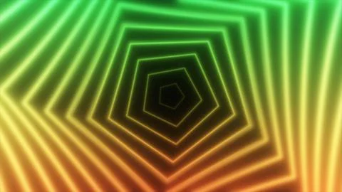 Abstract glowing neon pentagons swirling green and yellow lines energy futu.. Illustrazione stock