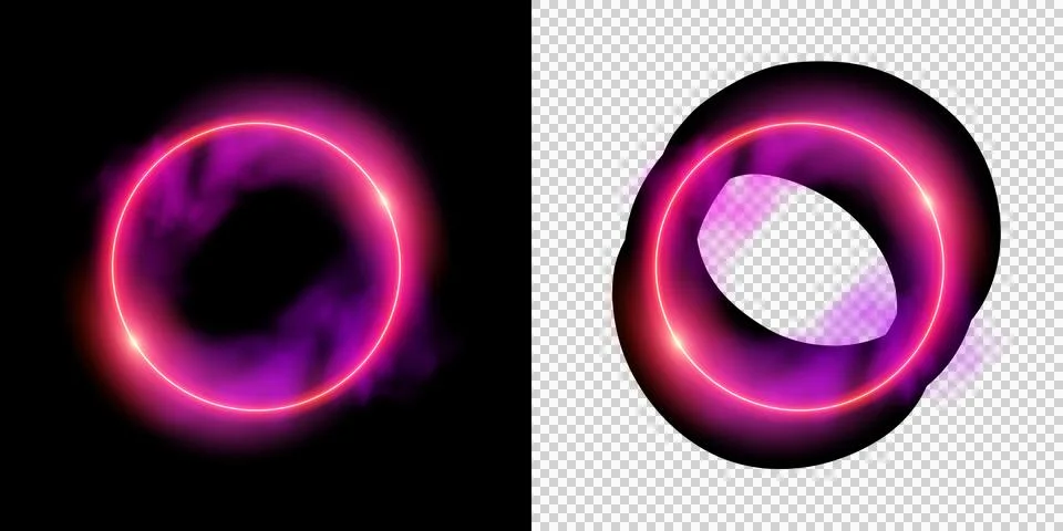 Abstract glowing neon ring emitting pink light surrounded by swirling purpl.. Stock Illustration