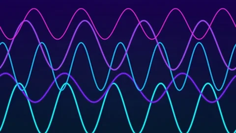 Abstract glowing neon sine waves moving in a rhythmic pattern on a dark purple Stock Footage 346213451