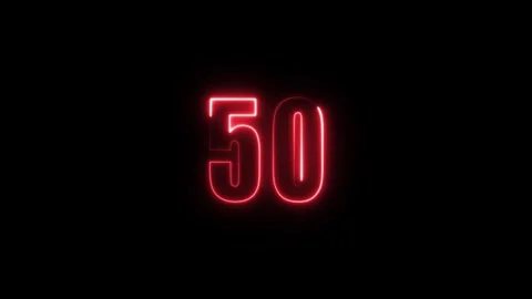 Abstract glowing neon text 50 number countdown icon. Glowing sign on black .. Stock Footage 311135696