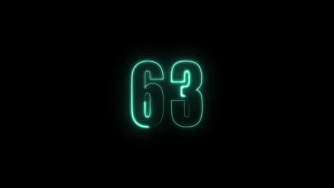 Abstract glowing neon text 63 number countdown icon. Glowing sign on black .. Stock Footage 311135985