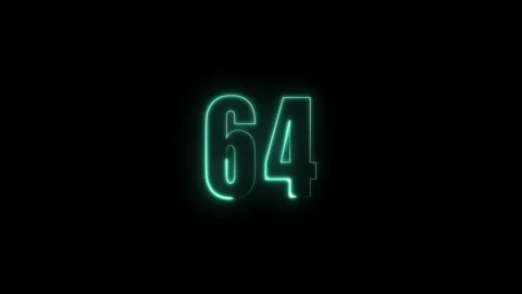 Abstract glowing neon text 64 number countdown icon. Glowing sign on black .. Video stock 311136018