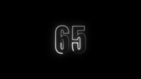 Abstract glowing neon text 65 number countdown icon. Glowing sign on black .. Stock Footage 311136061