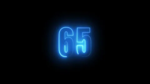 Abstract glowing neon text 65 number countdown icon. Glowing sign on black .. Stock Footage 311136062