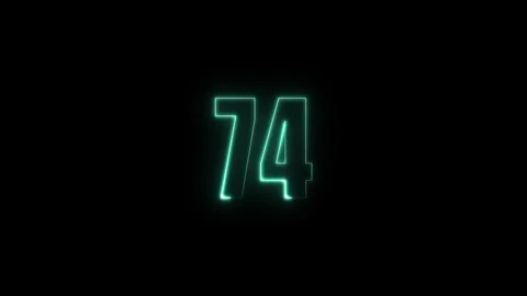 Abstract glowing neon text 74 number countdown icon. Glowing sign on black .. Stock Footage 311376663