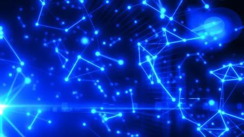 Abstract glowing network of blue nodes and connections forming a digital mesh Illustrazione stock