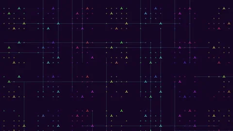 Abstract glowing network grid with colorful nodes on dark technology background Stockbeeldmateriaal 330054706