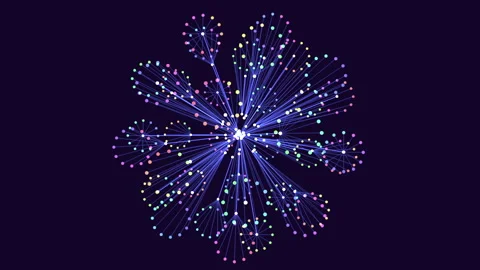 Abstract glowing network nodes and connections forming radial data visualization 库存影片 333144795