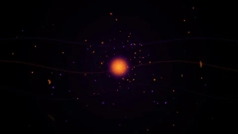 Abstract glowing orange light source with floating particles and wavy lines.. Видео 346062659