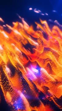 Abstract glowing orange particle waves flowing across a dark blue backgroun.. Stock Illustration