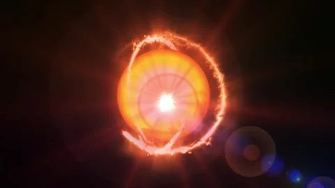 Abstract glowing orange sun orb with circular fire ring effect on black Stock Footage 346359814