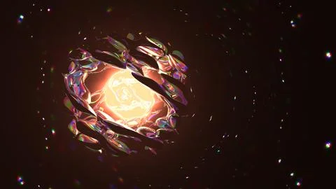 Abstract Glowing Orb with Iridescent Elements and Sparkling Particles in Dark Stock Illustration