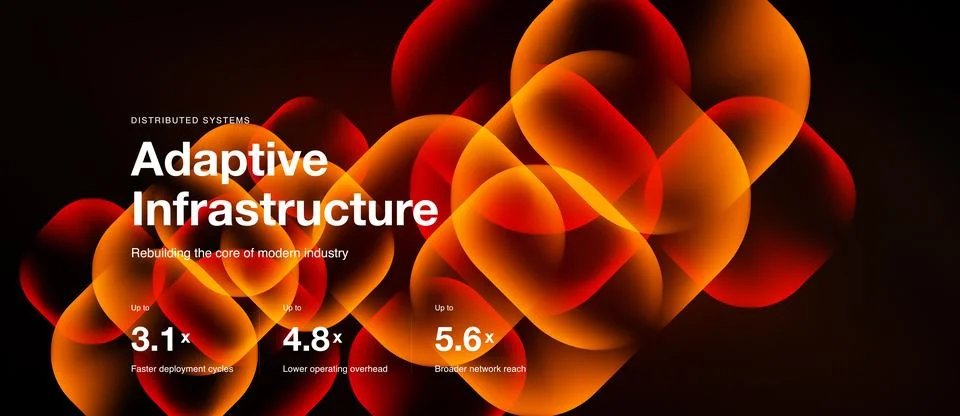 Abstract glowing orbs forming complex network. Text highlights adaptive Illustrazione stock