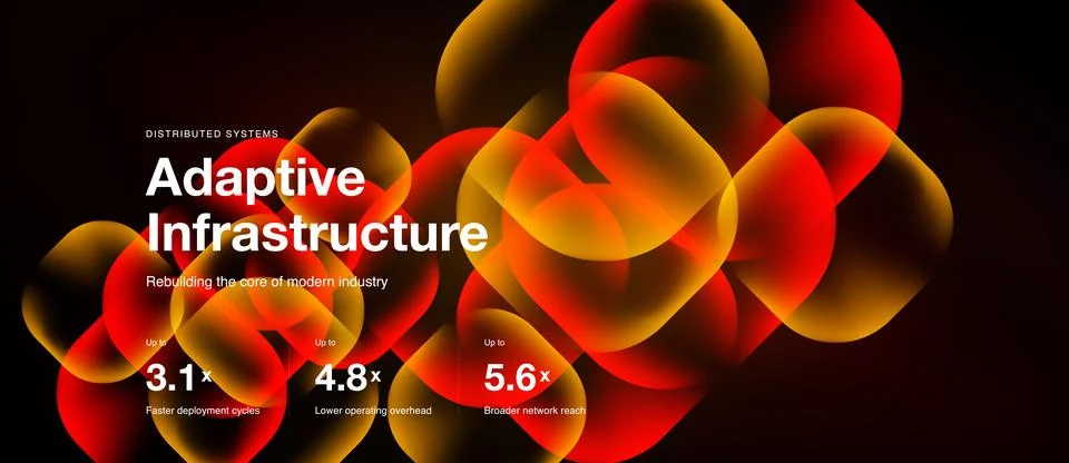 Abstract glowing orbs represent distributed systems. Text highlights adaptive Stock Illustration