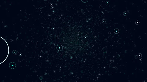 Abstract glowing particle field with floating circles in dark space background Видео 333157114